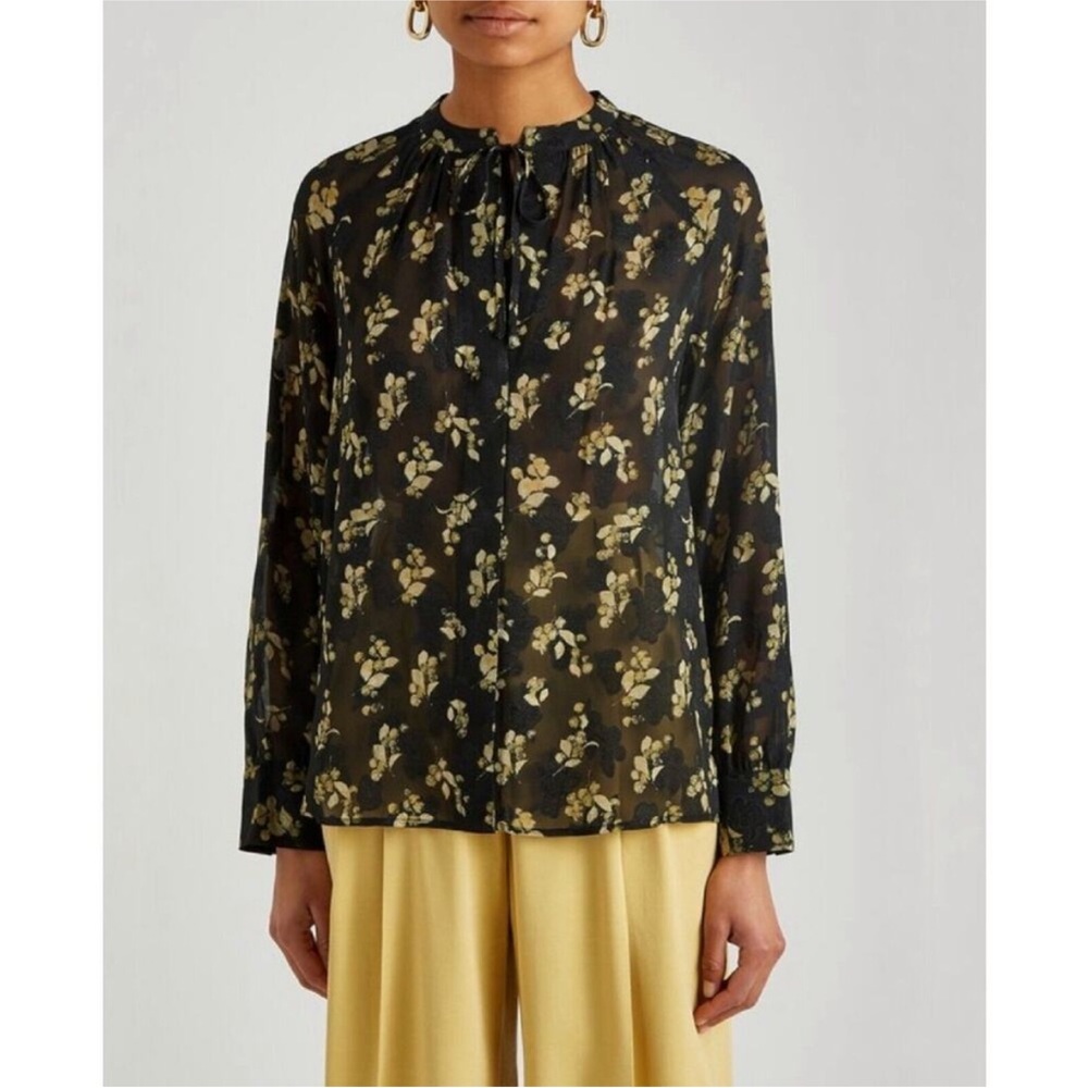 Vince Dandelion Poet Blouse Gathered Floral Print Silk Crepon Black Printed Top